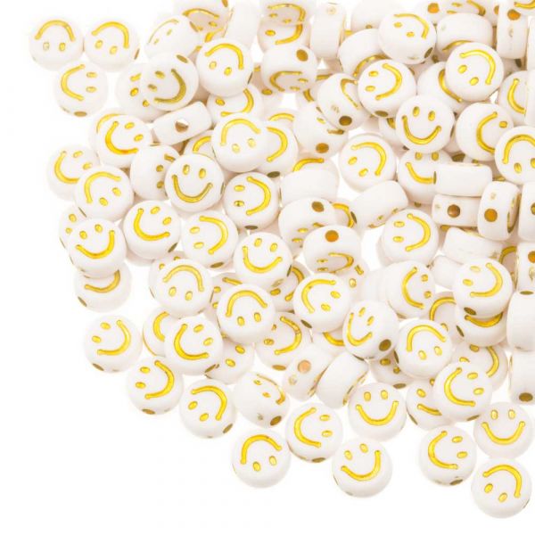 Acrylic Smiley Face Beads (7 x 3.5 mm) White-Gold (50 pcs)