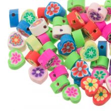 Polymer Clay Beads Heart with Flower (9 x 10 x 5 mm) Multi Color (50 pcs)