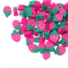 Polymer Clay Beads Strawberry (12 x 8 x 5 mm) Pink / Green (30 pcs)