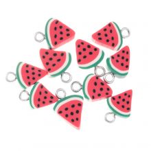 Polymer Clay Charm Watermelon (14.5 X 10.5 X 4.5 mm) Red / Green - Antique Silver (10 pcs)