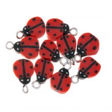 Polymer Clay Charm Ladybug (14 X 9 X 4.5 mm) Red / Black - Antique Silver (10 pcs)