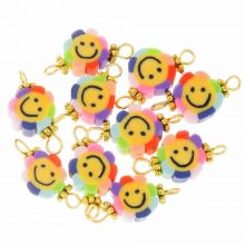 Polymer Clay Jewelry Connector Smiley Face Flower (19 x 9 x 4.5 mm) Multi Color-Gold (10 pcs)