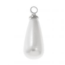 Resin Charm Teardrop Pearl (16 x 6 mm) White-Antique Silver (10 pcs)