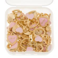 Enamel Charm Mix Heart (8.5 - 18 x 7 - 18 x 1.5 - 3 mm) Pink-Gold (80 pcs)