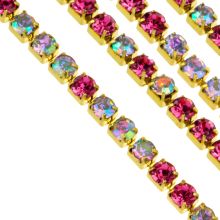 Rhinestone Chain (2 mm) Gold - Pink Color AB (2 meters)