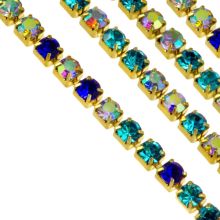 Rhinestone Chain (2 mm) Gold - Blue Color Mix AB (2 meters)