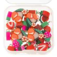 Polymer Clay Charm Mix Red Fruits (13 - 23 x 7 -15.5 x 4.5 mm) Multi Color-Antique Silver (35 pcs) 