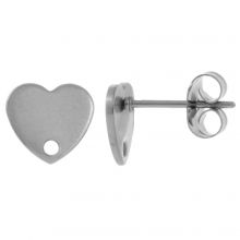 Stainless Steel Stud Earrings Heart (8 x 9 mm) Antique Silver (4 pcs)
