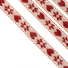 Ribbon with Hearts & Stars (10 mm) Beige-Red (1 meter)