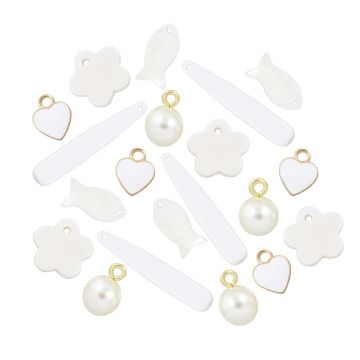 Charm Mix Acrylic & Metal (12 - 39 x 6 - 10 mm) White-Gold (20 pcs)