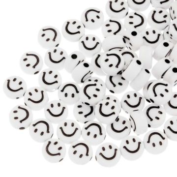Acrylic Smiley Face Beads (7 x 3.5 mm) White-Black (50 pcs)