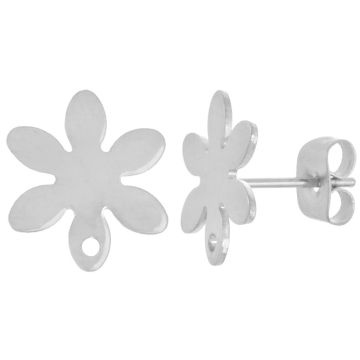 Stainless Steel Stud Earrings Flower (13 x 11.5 mm) Antique Silver (4 pcs)