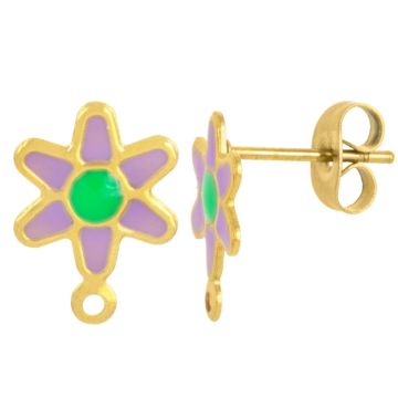 Stainless Steel Stud Earrings Enamel Flower (12.5 x 9 mm) Purple-Gold (2 pcs)