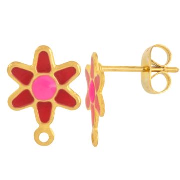 Stainless Steel Stud Earrings Enamel Flower (12.5 x 9 mm) Red-Gold (2 pcs)