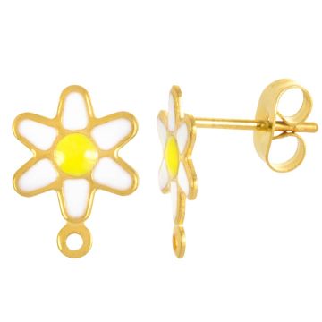 Stainless Steel Stud Earrings Enamel Flower (12.5 x 9 mm) White-Gold (2 pcs)