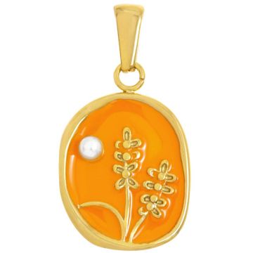 Stainless Steel Enamel Pendant Flowers and Pearl (14.5 x 13 x 2.5 mm) Orange - Gold (1 pcs)