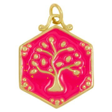 Enamel Pendant Tree of Life (22.5 x 17.5 x 2.5 mm) Hot Pink (1 pcs)